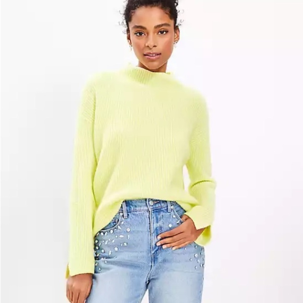 LOFT Women’s Ribbed Bright Yellow Green Mock Neck Sweater, Size XXL